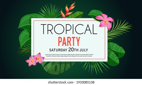 Tropical Banner Design Template. Dark Green Theme With White Frame. Palm, Monstera Leaves, Tropical Exotic Flowers. Best For Invitations, Flyers, Party Posters. Vector Illustration.