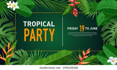 Tropical banner design template. Dark green theme with orange thin frame. Palm, monstera leaves, tropical exotic flowers. Best for invitations, flyers, party posters. Vector illustration.