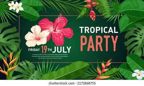 Tropical banner design template. Dark green theme with coral frame and hibiscus flowers. Palm, monstera leaves, tropical exotic flowers. Best for invitations, flyers, party posters. 