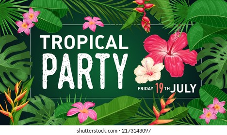 Tropical banner design template. Dark green theme with hibiscus flowers, palm, monstera leaves, tropical exotic flowers. Best for invitations, flyers, party posters. Vector illustration.