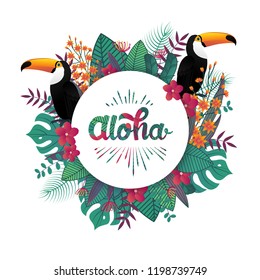 Tropical banner design template. Tropical leaf and Toucan birds. Aloha poster template. Jungle exotic leaf and flower on bright blue background. Vector illustration