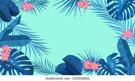 Plantilla de diseño de banner tropical. Tema azul claro con flores de selva tropical rosa. Palm, hojas de monstera, flores tropicales exóticas. Lo mejor para invitaciones, volantes, afiches de fiesta. Ilustración vectorial.