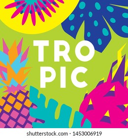 Tropical banner with exotic fruits and leaves. Abstract floral design for banner, flyer, invitation, poster. Vector illustration.