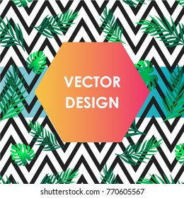 Tropical Banner exotic tropical jungle rainforest bright green on the black and white zig zag background with colorful gradient frame. Background for posters, placards, banners, covers

