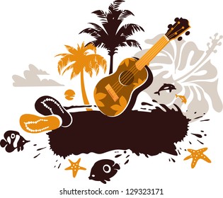 Tropical Banner with a Flower, Palm Trees and Ukulele