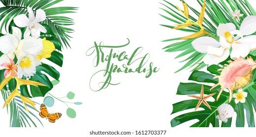 Tropical banner with flowers and seashells. Vector template.