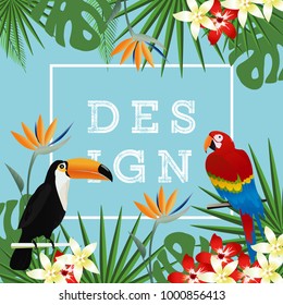 Tropical banner frame with parrot, toucan and tropical leaves. Summer vector illustration design. Parrot and toucan background. Exotic background poster