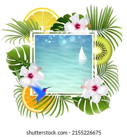tropical banner with tropical fruits and plants on a white background