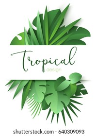 Tropical banner with green palm leaves on white background. Seasonal poster in trendy paper cut style. Design template for print or web. Vector illustration