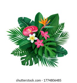 Tropical banner with jungle exotic flower and leaves. Round composition of green tropical banana palm and areca leaf, strelitzia, anthurium and plumeria flower. Tropical paradise vector illustration.