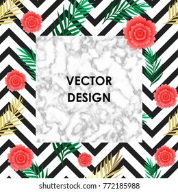 Tropical banner with jungle rainforest bright green leaf, with flowers and marble texture background. Text placeholder. Background for posters, placards, banners, covers
