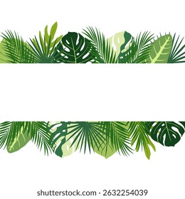 Tropical banner made of exotic leaves. A postcard with plants of paradise, greenery and palm trees. Stylish fashion frame. Vector illustration