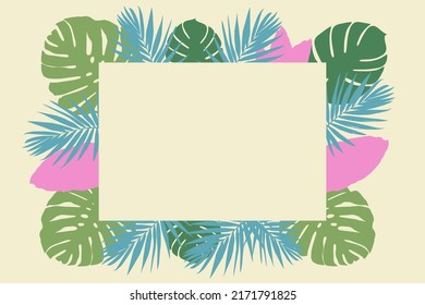 A tropical banner made up of exotic palm leaves on a yellow background. Stylish fashionable frame. Isolated and editable template.