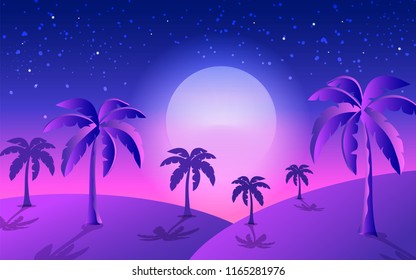 Tropical banner with palm trees and full moon in shades of lilac and pink. Vector illustration in Cartoon style
