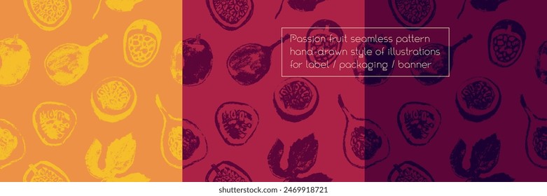 Tropical banner template with hand drawn granadilla pattern and passion fruit seamless pattern. Exotic fruits ornate print. Passion fruit background for cosmetic label, fruits puree or juice packaging