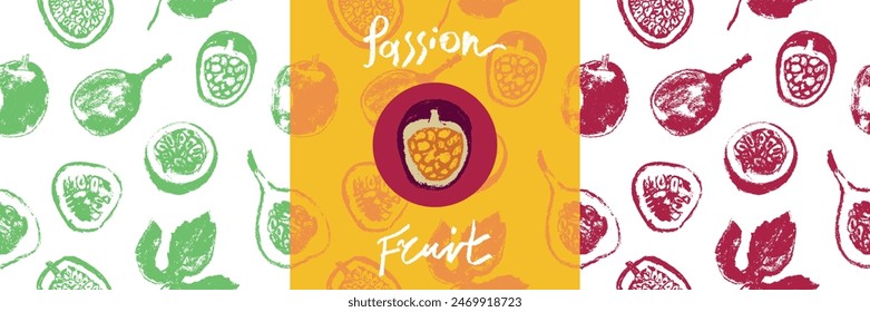 Plantilla de Anuncio tropical con patrón de granadilla dibujado a mano y patrón sin fisuras de maracuyá. Estampado de frutas exóticas. Fondo de fruta de la pasión para la etiqueta cosmética, puré de frutas o embalaje de zumo