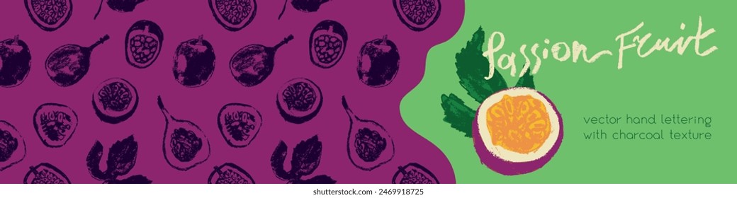 Tropical banner template with hand drawn granadilla pattern and passion fruit seamless pattern. Exotic fruits ornate print. Passion fruit background for cosmetic label, fruits puree or juice packaging
