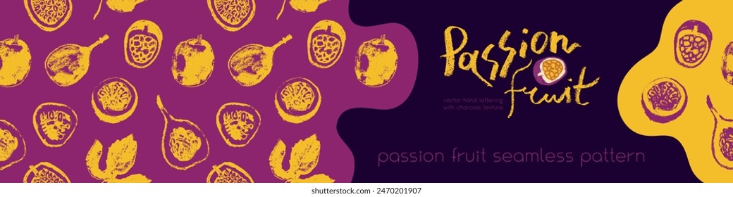 Tropical banner template with hand drawn granadilla pattern and passion fruit seamless pattern. Exotic fruits concept. Passion fruit background for cosmetic label, fruits puree or juice packaging.