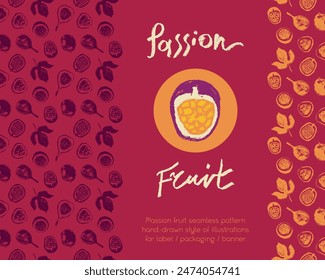 Tropical banner template with hand drawn granadilla frame. Passion fruit seamless pattern. Vector passion fruit background. Exotic fruits.