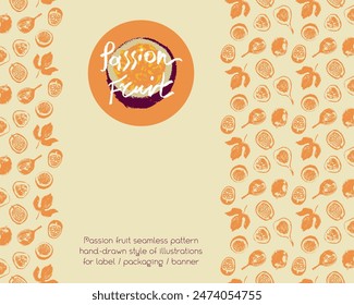 Tropical banner template with hand drawn granadilla frame. Passion fruit seamless pattern. Vector passion fruit background. Exotic fruits.