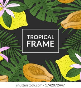 Tropical Banner Template, Square Frame with Bright Exotic Palm Leaves, Flowers and Fruits Vector Illustration