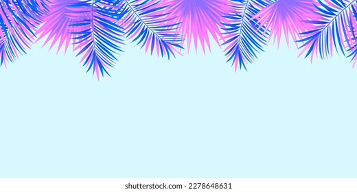 Ilustración vectorial de la plantilla de banner tropical. Marco tropical sin costuras con plantas de selva, hojas de palmas. textura follaje violeta y brillante repetida para viajes de verano, naturaleza, vacaciones de fondo