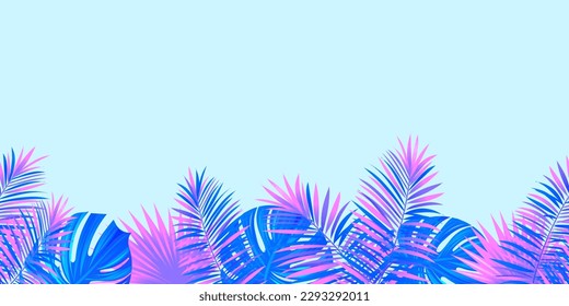 Tropical banner template vector illustration. Tropic seamless border frame with jungle plants, palms leaves. repeated bright purple foliage texture for summer travel, nature, vacation backdrop