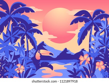 Pancarta tropical con tocan y palmeras. Montañas azules y selva tropical en el fondo de una puesta de sol anaranjada. Afiche de la selva brillante y de contraste en estilo retro.