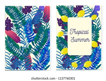 tropical banner, vector illustration, flat style, set of colored tropical leaves, lemons