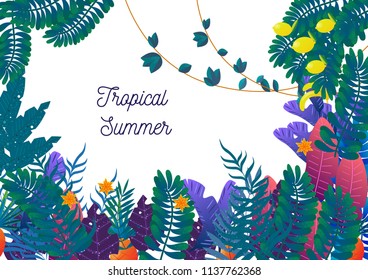 tropical banner, vector illustration, flat style, set of colored tropical leaves exotic fruit