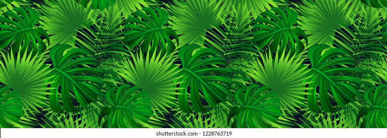 Tropical banner. vector illustration. jungle plants, palms leaves background. Green foliage seamless pattern. Repeated texture. beautiful tropic design for summer,travel,nature, vacation decor