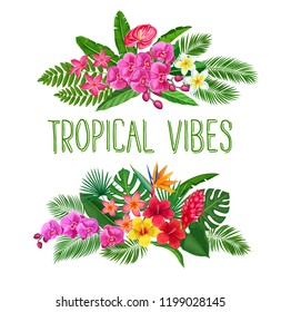 Tropical banners with jungle exotic flower and leaves. Strelitzia, anthurium, hibiscus, plumeria, orchid and ginger flower. Summer tropical paradise design. Vector illustration.