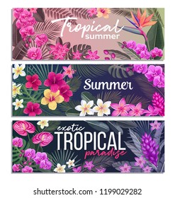 Tropical banners with jungle exotic flower and leaves. Strelitzia, anthurium, hibiscus, plumeria, orchid and ginger flower. Summer tropical paradise design. Vector illustration.