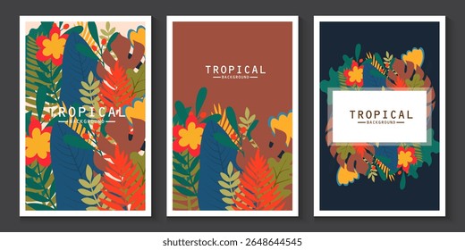 Tropical banners, poster, cards set with Creative compositions of colorful palm leaves and branches nature. Abstract botanical geometric design templates for, covers web in Flat style with copy space