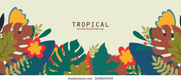 Tropical banners, poster, cards set with Creative compositions of colorful palm leaves and branches nature. Abstract botanical geometric design templates for, covers web in Flat style with copy space