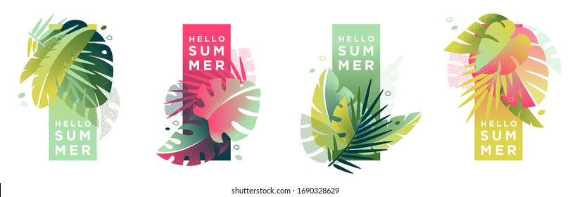 Tropical banners set. Creative compositions of colorful palm leaves and abstract patterns with place for text. Geometric design templates for posters, covers, social media themes. Flat style vector