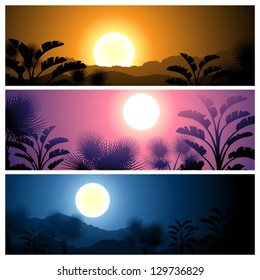 Tropical banners set landscape, sun, moon and palm trees.