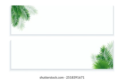 Tropical banners vector illustration. Amazon rainforest horizontal border frame. beautiful tropic plant, coconut palms, lush monstera leaves. Summer, travelling design, invitation and promo wallpaper