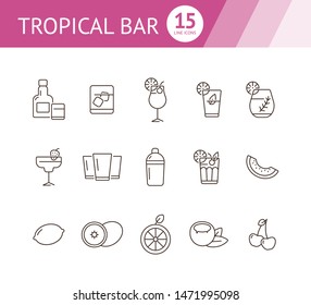 Tropical bar icons. Set of line icons. Cherries, lemon. Beverage concept. Vector illustration can be used for topics like advertising, business