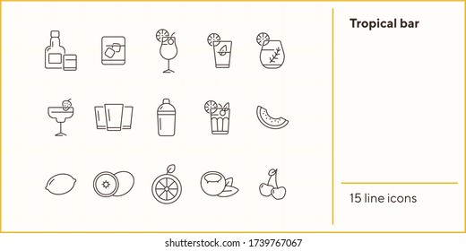 Tropical bar icons. Set of line icons. Cherries, lemon. Beverage concept. Vector illustration can be used for topics like advertising, business