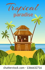 Tropical bar illustration on paradise tropical island with palm trees. Vector template for beach bungalow bar on sea landscape background.