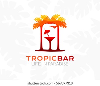 Tropical bar logo. Silhouette of palm trees, cocktail and beach. Concept for vacation, travel,  tourism business or spa, cafe and relax salon.