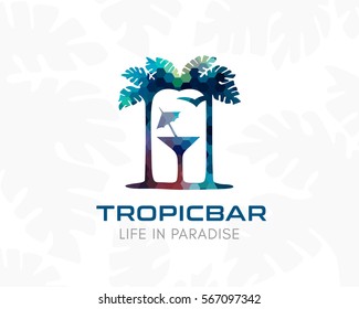 Tropical bar logo. Silhouette of palm trees, cocktail and night beach. Concept for vacation, travel,  tourism business or spa, cafe and relax salon.