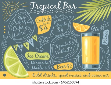 Tropical bar menu design with glass of orange juice, palm tree leaf and tropical fruits. Doodle drawings menu concept. Summer beach relaxing vector illustration.