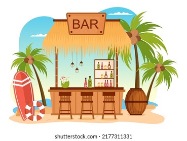 Tropical Bar or Pub in Beach with Alcohol Drinks Bottles, Bartender, Table, Interior and Chairs by Seaside in Flat Cartoon Illustration