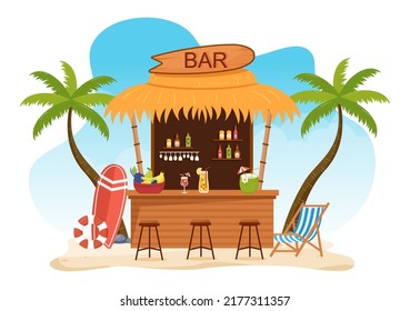 Tropical Bar or Pub in Beach with Alcohol Drinks Bottles, Bartender, Table, Interior and Chairs by Seaside in Flat Cartoon Illustration
