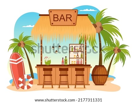 Tropical Bar or Pub in Beach with Alcohol Drinks Bottles, Bartender, Table, Interior and Chairs by Seaside in Flat Cartoon Illustration