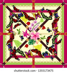 Tropical baroque pattern with flowers, butterflies and belts. Vector floral patch for scarf.