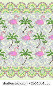 Padrão de estilo barroco tropical vibrante com flamingos cor-de-rosa, palmeiras e bordas florais ornamentais. Perfeito para o design têxtil temático de verão, moda e papel de parede digital.