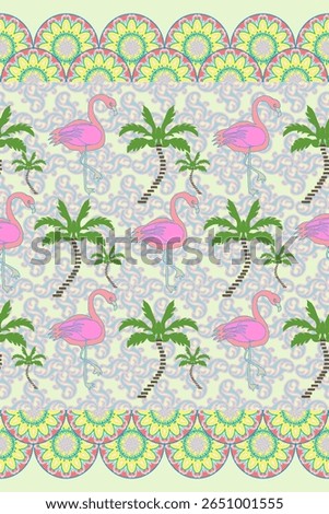 Tropical baroque vibrant style pattern featuring pink flamingos, palm trees, and ornamental floral borders. Perfect for summer themed textile design, fashion, and digital wallpaper.